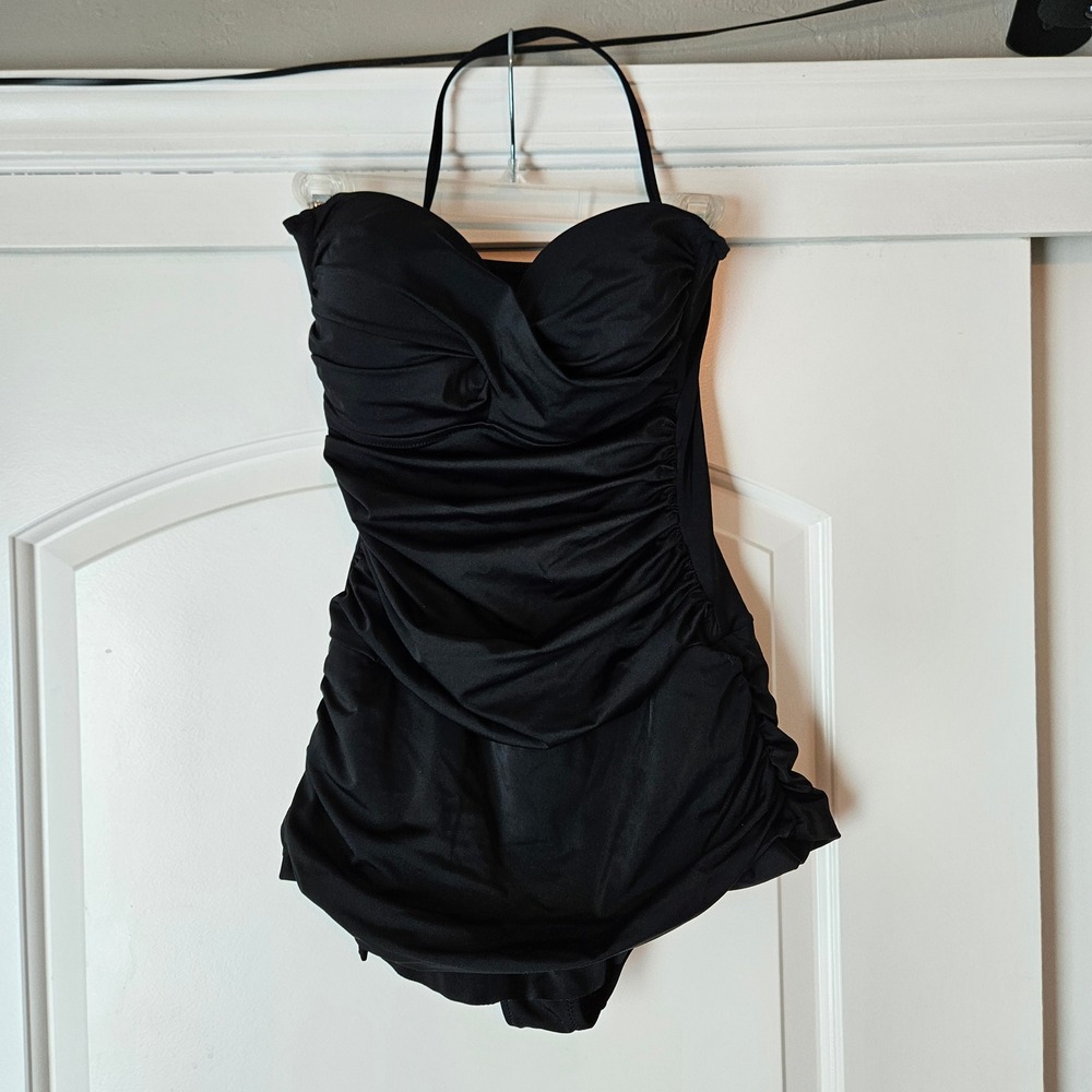 Dobreva Swim Dress Suit Size 12 Black Ruched One Piece Halter Sweetheart  Retro